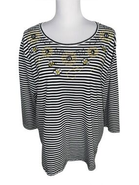 C&K Designs‎ Striped Embroidered Bee Floral Top Womens 1X Cottagecore Whimsical